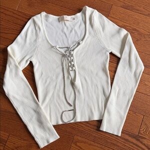 Women’s white Ribbed Lace-Up Long Sleeve Top